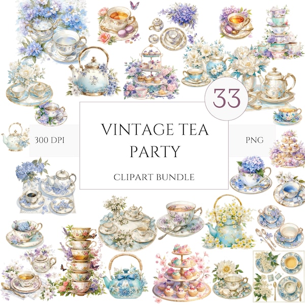 33 PNG Watercolor Vintage Floral Tea Time Clipart, Pastel Tea Clipart, Tea Time art, Flower Teacup Png, Tee-Illustration, Tea Party Bundle