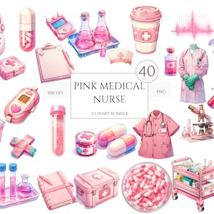 40 Medical Elements Clipart Healthcare Projects Digital planner, Pink Nurse PNG, Sublimation, Junk Journal, Scrapbook, Commercial Use