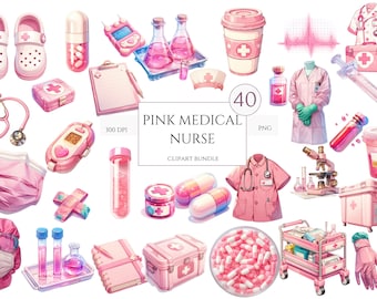 Planificador digital de proyectos de atención médica de 40 elementos médicos, PNG de enfermera rosa, Sublimación, Diario basura, Álbum de recortes, Uso comercial