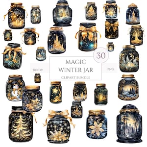 Watercolor Winter Magical Jars Clipart, Christmas PNG Whimsical Christmas Clipart, 30 Png Bundle, Festive Dark Jar Clipart, Digital Download