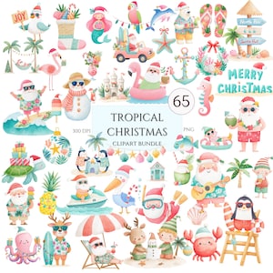 May include: A watercolor clipart bundle featuring tropical Christmas-themed illustrations. The image includes Santa Claus, elves, and various sea creatures in festive attire, along with palm trees, beach scenes, and the text "Tropical Christmas Clipart Bundle".