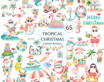 Watercolor Tropical Christmas Clipart: Coastal Holiday PNG (Digital Download, Commercial License)