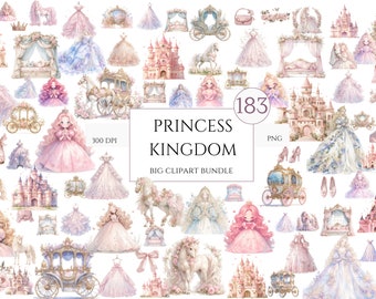 Princess Clipart Watercolor Princess Clipart Fairytale Princess Kingdom Clipart Bundle - 183 PNG Pink Princess Carriage Dress Castle Clipart