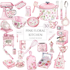 May include: A collection of pink floral kitchen clipart, including a stand mixer, dishes, cookware, and appliances. The set features a variety of kitchen tools and accessories, all adorned with a pink floral pattern. The text "Pink Floral Kitchen Clipart Bundle" is visible.