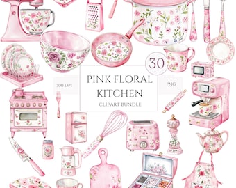 30 PNG Clipart cucina rosa, Clipart utensili da cucina acquerello, Utensile da cucina floreale rosa shabby chic, Clipart panetteria, Uso commerciale