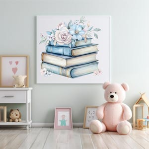 May include: A stack of five blue and white books with a bouquet of pink and blue flowers on top. The books are arranged in a pyramid shape and the flowers are cascading down the sides. The background is a light blue wall.