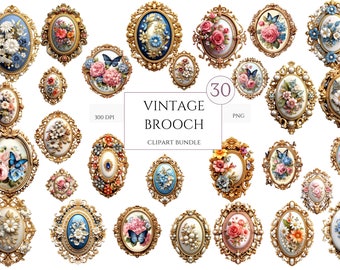 30 Watercolor Victorian Brooch Clipart, Floral clipart Clipart, Victorian flowers Clipart, Sublimation, Commercial use, Digital Download