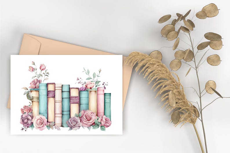 May include: A watercolor illustration of a stack of vintage books with floral accents. The books are in shades of blue, pink, and cream, and the flowers are in shades of pink and white.
