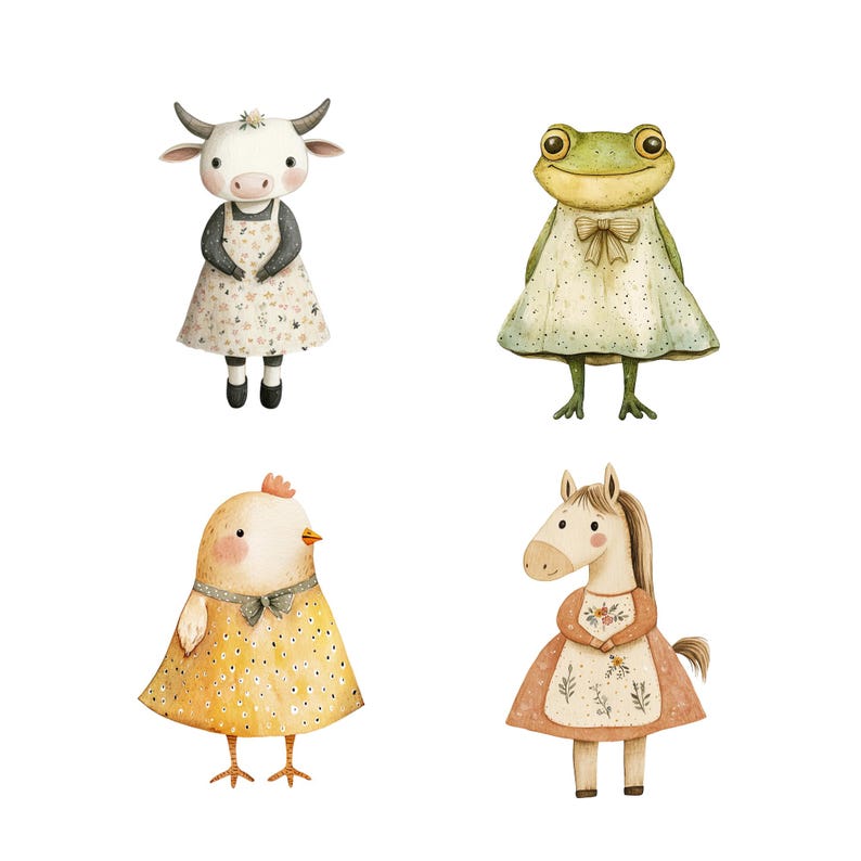 Puede incluir: Cuatro ilustraciones de acuarela de animales con vestidos. Una vaca, una rana, una gallina y un caballo llevan todos vestidos con estampado floral.