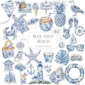 Strandblauwe toile de jouy-clipart | Chinoiserie-strand 40, png | Franse Toile-kunst aan zee en oceaan | Zomer kust clipart | Commercieel gebruik
