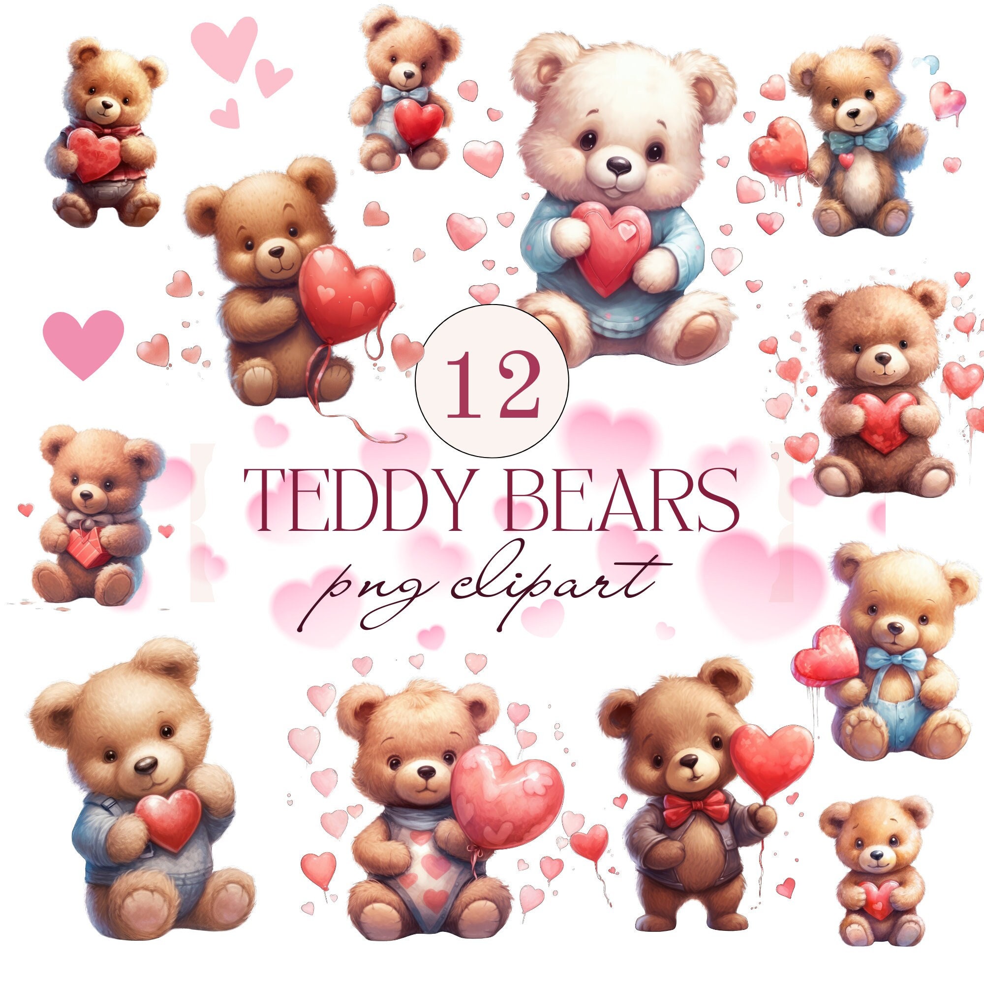 Watercolor Valentines Teddy Bear Clipart, 12 PNG Valentines Day Clipart ...
