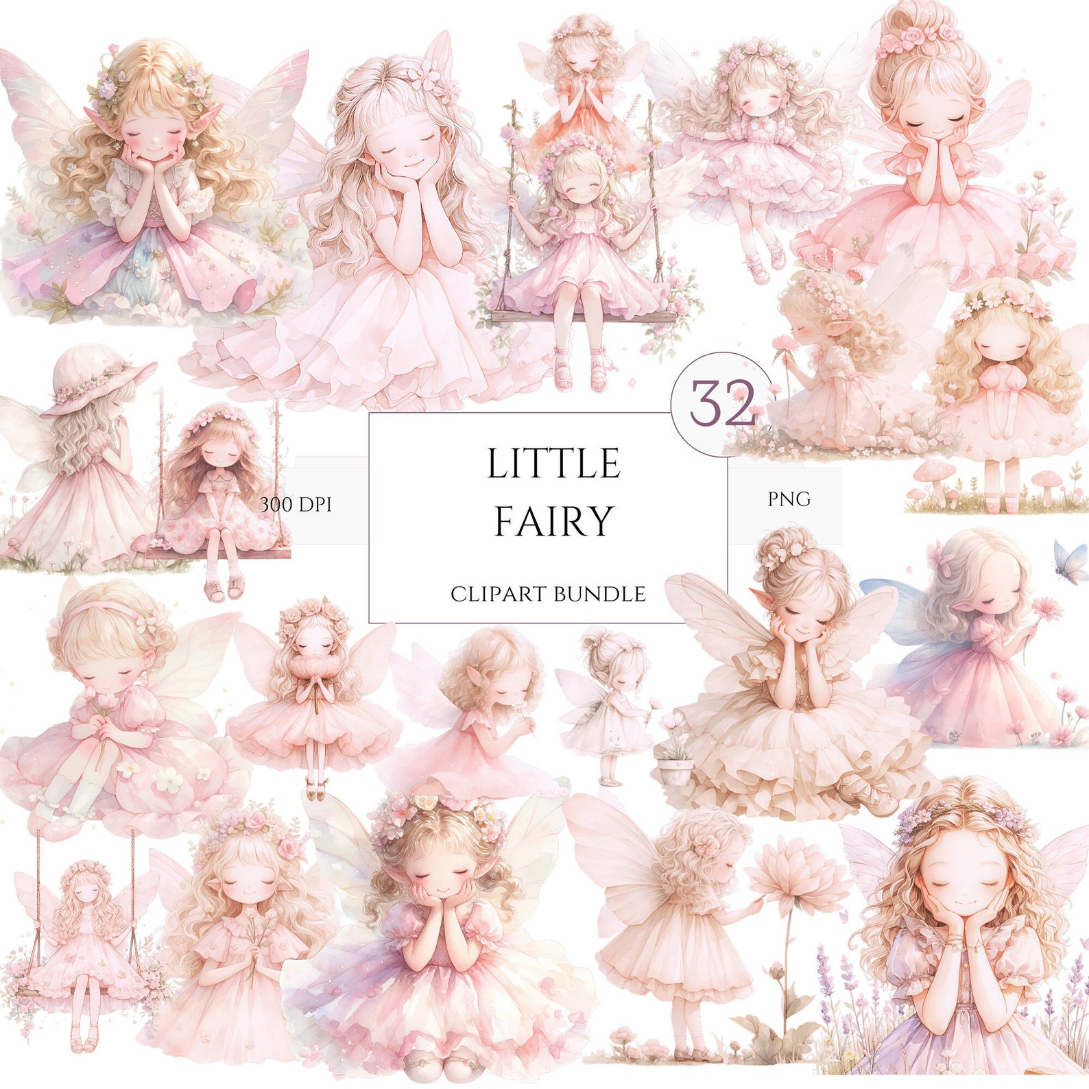 32 Pink Fairy Clipart, Magical Fairy and Pink Flower Clipart, Fantasy ...