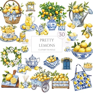 Clipart citroen, chinoiserie-citroenen 30 png, aquarel mediterrane citroen, Italiaanse citroenen, blauw en geel, citroentegels, commercieel gebruik