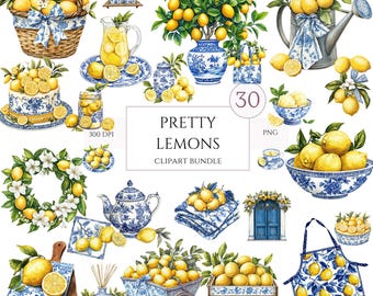 May include: A set of 30 digital clipart images featuring lemons, flowers, and blue and white china. The images are perfect for crafting, scrapbooking, and other creative projects.  The text "Pretty Lemons Clipart Bundle" is included in the image.