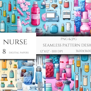 Infirmière Seamless Pattern Digital Paper Png Bundle, Nurse Repeating Pattern Png, Papier numérique médical, Png Bundle, Nurse Png, Digital Paper Png