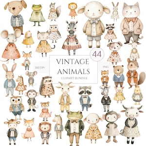 Puede incluir: Un conjunto de 44 ilustraciones de animales vintage en estilo acuarela. Los animales est&aacute;n vestidos con atuendos lindos y tienen un toque caprichoso. Las ilustraciones son perfectas para usar en scrapbooking digital, creaci&oacute;n de tarjetas y otros proyectos creativos.