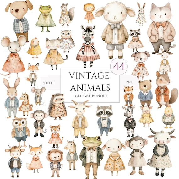 Farmhouse Vintage Dressed  Woodland Animals Clipart, 44 PNGs, Whimsical Watercolor Animals for Baby Shower & Kids Birthday, Commercial Use