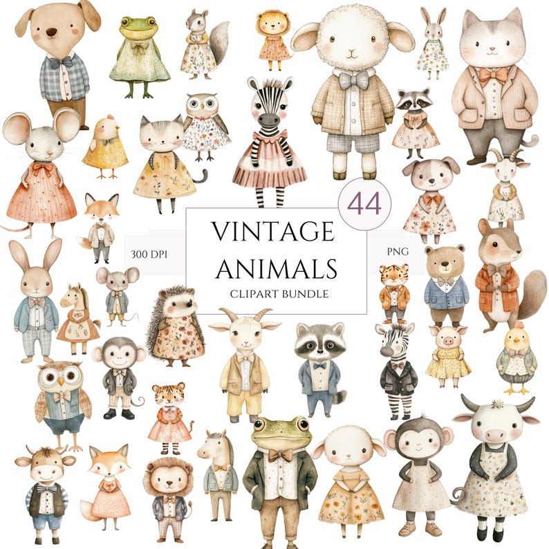 Puede incluir: Un conjunto de 44 ilustraciones de animales vintage en estilo acuarela. Los animales est&aacute;n vestidos con atuendos lindos y tienen un toque caprichoso. Las ilustraciones son perfectas para usar en scrapbooking digital, creaci&oacute;n de tarjetas y otros proyectos creativos.