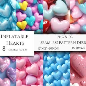 May include: Eight digital papers featuring seamless patterns of inflatable hearts in various colours, including pink, blue, yellow, and purple. The patterns are 3600x3600 pixels and 12 inches by 12 inches at 300 DPI.