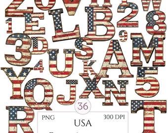 Rustic Distressed American Flag Alphabet & Numbers Clipart, USA Patriotic Letters A-Z, Numbers 0-9 PNG, Digital Download for Commercial Use