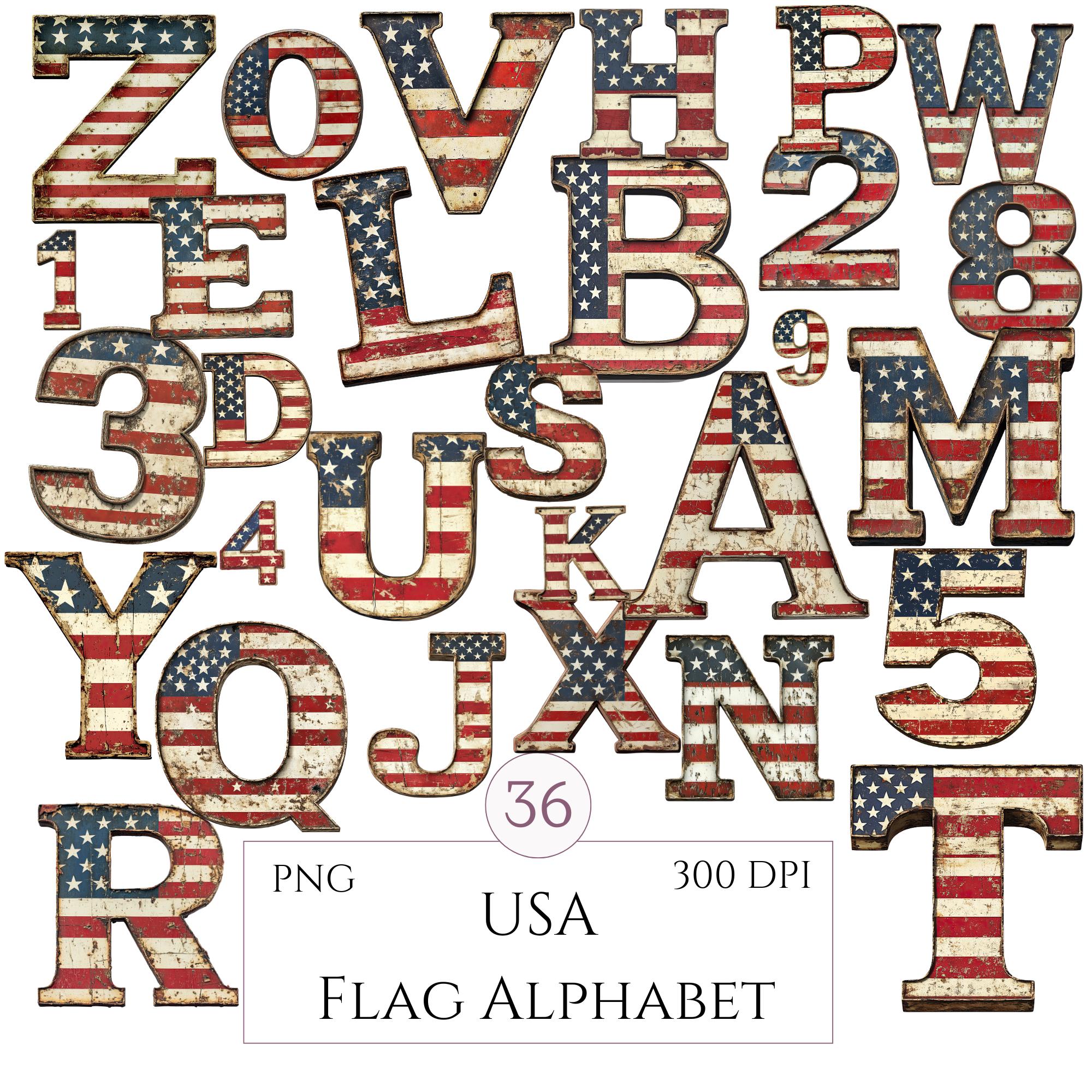 Rustic Distressed American Flag Alphabet & Numbers Clipart, USA