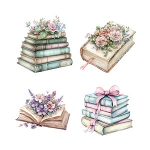 May include: Four watercolor illustrations of stacks of books with floral accents. The first stack is a tall stack of books with a bouquet of pink, white, and green flowers on top. The second stack is a single book with a bouquet of pink and white flowers on top. The third stack is a single book with a bouquet of purple and pink flowers on top. The fourth stack is a stack of five books with a pink ribbon on top.