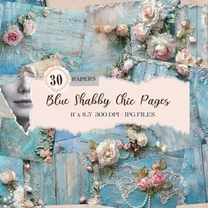 Blaues Shabby Chic Junk Journal Seiten, rosa Rosen, Perlen, Spitze, Printable Journal Kit, digitaler Download, Scrapbook Zubehör, Ephemera