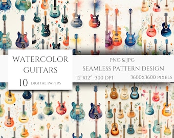 Minimal Guitar Digital Paper | Seamless patterns | Music Patterns Printable | Commercial use | Print on demand designs | High quality PNG