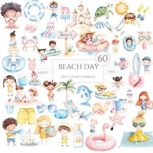 Lindo paquete de imágenes prediseñadas de playa de verano, niños en acuarela, flotadores, helados, cócteles, elementos de fiesta, vacaciones y cumpleaños PNG, uso comercial