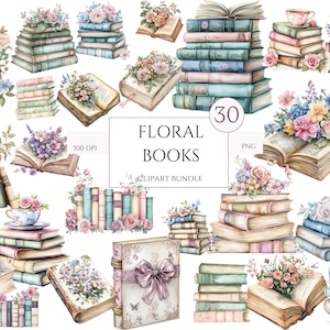 May include: A set of 30 floral book clip art images. The images feature watercolor illustrations of books with floral accents, including roses, daisies, and other flowers. The books are in various colors and styles, and some have ribbons or other decorative elements. The images are perfect for scrapbooking, card making, and other craft projects.