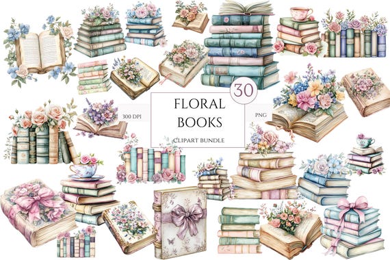 Floral Watercolor Books, Books Stack Clipart, Victorian Theme Png, Vintage Books And Flowers Clip Art, Digital Paper Craft, Commercial Use