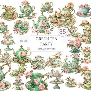 35 PNG Acquerello Vintage Green Tea Time Clipart, Clipart di tè pastello, arte Tea Time, Flower Teacup Png, Tee-Illustration, Tea Party Bundle