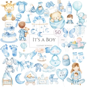 Bundle de cliparts shower de bébé garçon, 50 PNG bleus, c'est un garçon, sexe révélateur, Art de fête d'anniversaire de bébé, bleu ciel, téléchargement numérique, usage Commercial