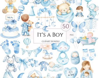Baby Boy Shower Clipart Bundle, 50 Blue PNG, It’s a Boy, Gender Reveal, Baby Birthday Party Art, Baby Blue, Digital Download, Commercial Use