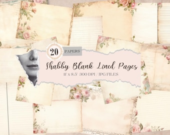 Blank Lined Journal Pages, Junk Journal Basic Papers, Printable Shabby Pages, Pink Roses Paper Vintage,Roses Collage sheet,Pink Lined Papers