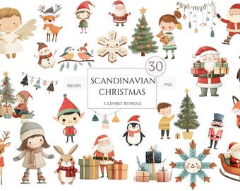 30 Christmas Characters, Cute Scandinavian Christmas Clipart, Christmas Clipart PNG Bundle, Snowmen Clipart, Christmas Tree, Commercial Use