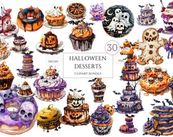 30 Watercolor Halloween Sweets Clipart, Halloween PNG, Halloween Party Decor, Donuts Clipart, Halloween Desserts, Fall Clipart