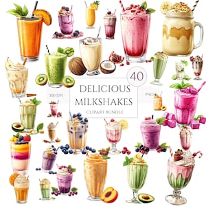 40 cliparts milk-shake, milk-shake PNG, milk-shake aquarelle, fraise, chocolat, vanille, milk-shake à la banane, boissons PNG, nourriture, usage commercial