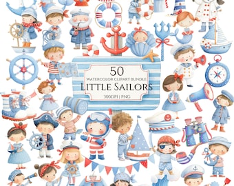 Puede incluir: Paquete de imágenes prediseñadas de acuarela con 50 ilustraciones de pequeños marineros. Las imágenes incluyen anclas, barcos, faros y personajes de marineros en azul, rojo y blanco. El texto de la imagen dice "50 Watercolor Clipart Bundle Little Sailors 300DPI | PNG".