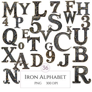Alphabet en métal avec clipart en filigrane or, Steampunk PNG, lettres de A à Z et de 0 à 9 en fer, 300 DPI haute résolution, typographie en fer PNG, téléchargement numérique