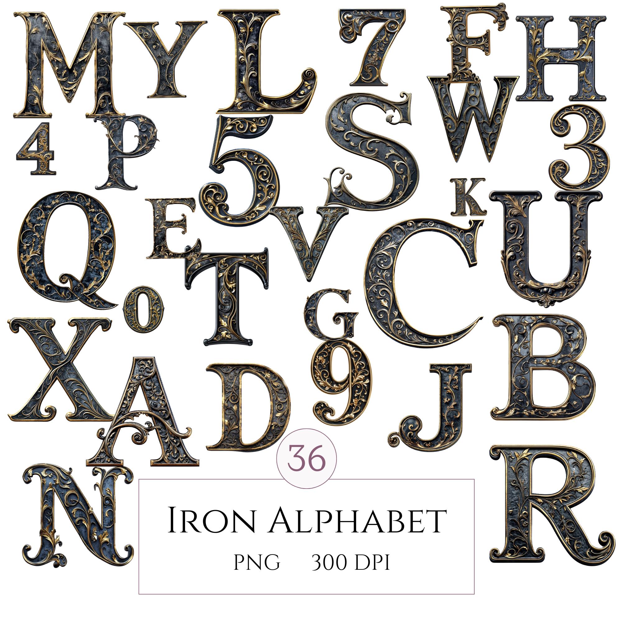 Metal Alphabet With Gold Filigrane ClipArt, Steampunk PNG, Iron Letters A-Z & 0-9, 300 DPI High-Res, Iron Typography PNG, Digital Download
