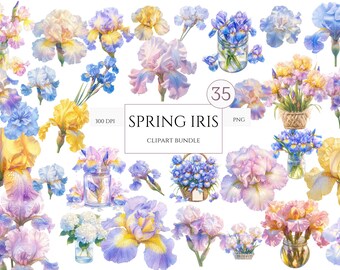 Iris Flower Watercolor Clipart, 35 High Quality PNGs, Spring Iris, Floral Clipart, Print, Cards, Journal, Digital Download, Commercial Use