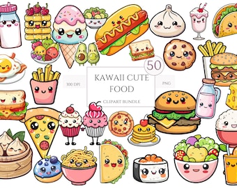 50 Cute Kawaii Food Clip Art PNG bundle | Kawaii Breakfast | Kawaii Street Food | Cute Kawaii Clipart | Kawaii Stickers | Commercial Use