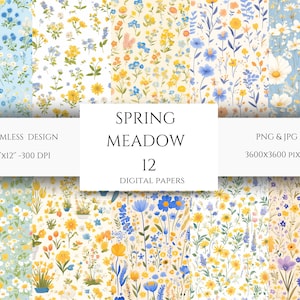 Naadloze aquarel wilde bloemen digitaal papier, lente naadloze bloemmotief, Wildflower collage papier Pack, lente weide digitaal papier