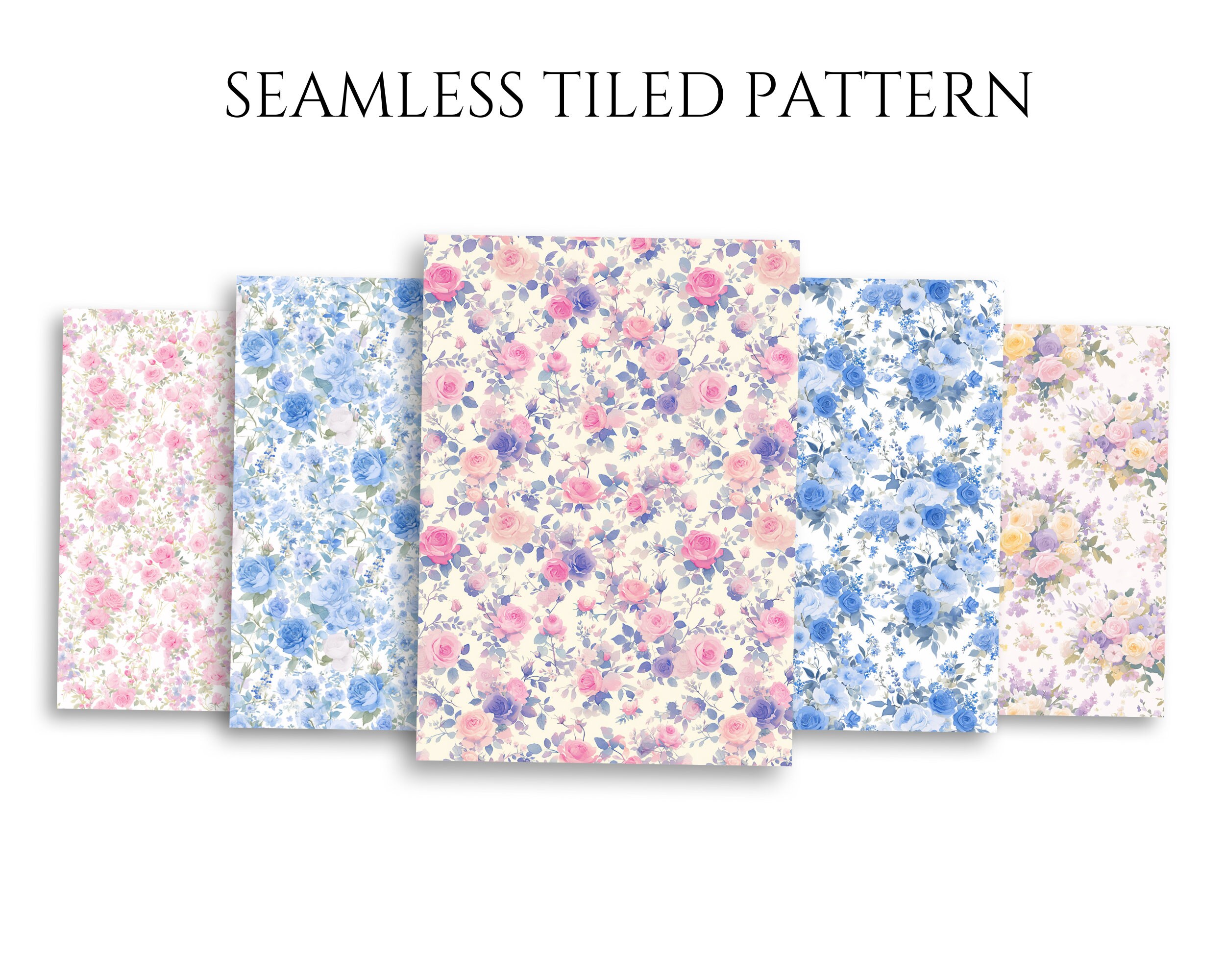 Pastel Pink and Blue Floral Digital Paper, Blush Rose Watercolor ...