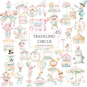 Akvarell resande cirkus clipart-paket, pastellfärgade karnevalsdjur, barnrum och babyshower PNG, digital nedladdning av vintage karusellhästkonst
