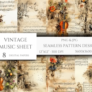Music and Flowers Seamless Patterns | Watercolor Flowers and Music Digital Paper | Vintage Sheet Music Patterns Printable Scrapbook Paper