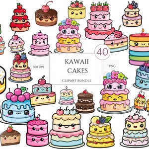 Kawaii Cute Cake Clipart Bundle - 40 PNG bundle Adorable Cakes Clipart, Kawaii Stickers, Cute Bakery Clipart Set, Commercial Use