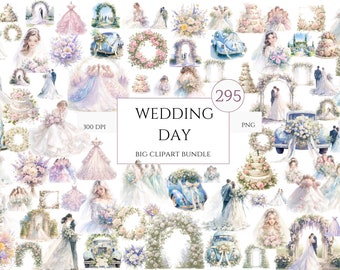 295 Png Wedding Day Clipart Big Bundle Watercolor, Wedding Romantic clipart, Wedding Set png, Scrapbook, Junk Journal, Paper Crafts