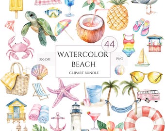 Paquete de imágenes prediseñadas de playa en acuarela: vacaciones de verano, viajes tropicales, océano, costa y vacaciones. Descarga digital. Uso comercial.